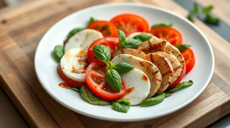 A beautifully arranged photorealistic Caprese salad on a white plate, featuring sliced red tomatoes, light mozzarella, fresh green basil, and grilled chicken breast strips. Drizzled with a light balsamic glaze. Professional photography, 8K, cinematic lighting, sharp focus, depth of field.
