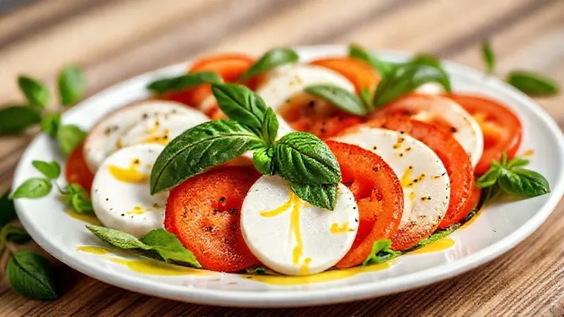 A photorealistic, professional photography, 8K, cinematic lighting, sharp focus, depth of field image of a traditional Caprese salad on a white plate. Thick slices of buffalo mozzarella, ripe red tomatoes, and fresh basil leaves are arranged beautifully, glistening with a generous drizzle of olive oil. The background is softly blurred, enhancing the vibrant colors and rich textures of the ingredients. Shot on a high-end DSLR, capturing the classic Italian culinary aesthetic.