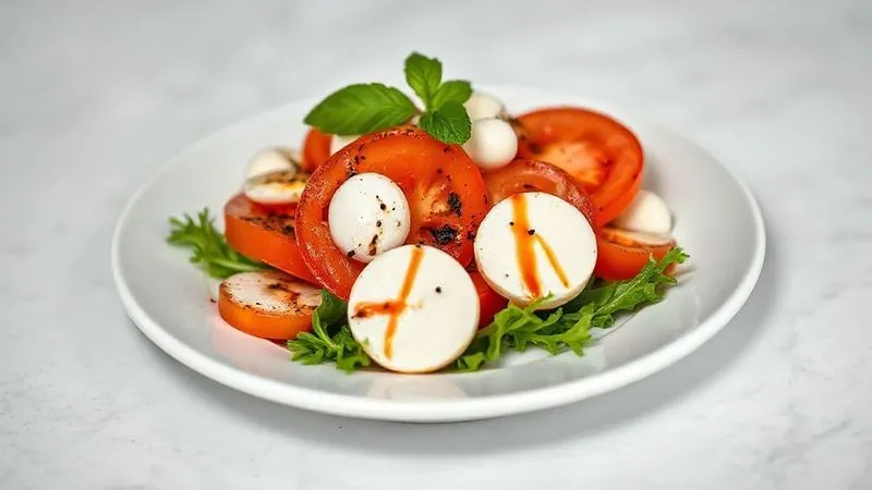 A photorealistic, professional photography, 8K, cinematic lighting, sharp focus, depth of field image of a perfectly portioned, healthy Caprese salad served on a small, elegant white plate. The salad features thin slices of tomato, small pearls of light mozzarella, fresh basil, and a light balsamic drizzle, with a scattering of rocket leaves at the base. The focus is sharp on the salad, with a clean, bright background, emphasizing mindful eating and portion control. Shot on a high-end DSLR.
