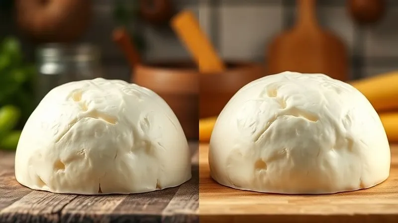 A side-by-side comparison, photorealistic, of traditional mozzarella vs. light mozzarella, showing texture and slight difference in appearance, with a focus on freshness and quality, cinematic lighting, sharp focus on the cheese, depth of field blurring a rustic kitchen background, 8K hyper-detailed.