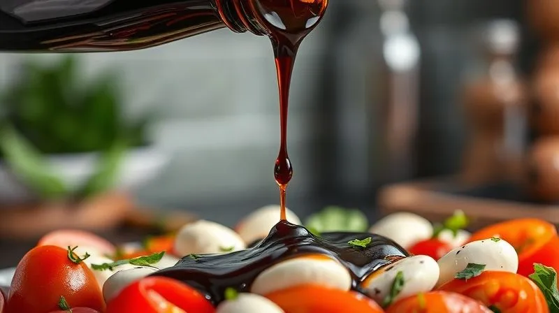 A photorealistic image of a bottle of high-quality balsamic glaze being drizzled artfully over a Caprese salad, with a focus on the thick, dark liquid and the vibrant colors of the salad (red tomatoes, green basil, white mozzarella), cinematic lighting, sharp focus on the glaze and salad, depth of field blurring the background of an Italian kitchen, 8K hyper-detailed.