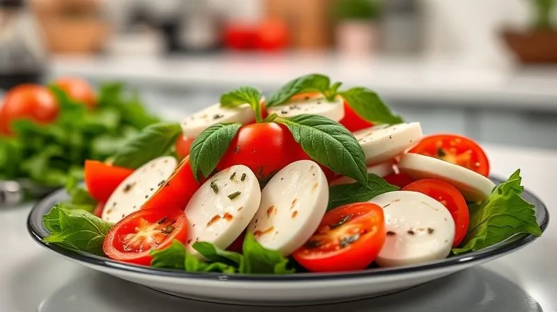 A beautifully plated, low-calorie Caprese salad, featuring vibrant red tomatoes, fresh green basil, and perfectly sliced light mozzarella, with a subtle balsamic glaze drizzle, professional photography, 8K, cinematic lighting, sharp focus on the salad, depth of field blurring a clean, modern kitchen background.