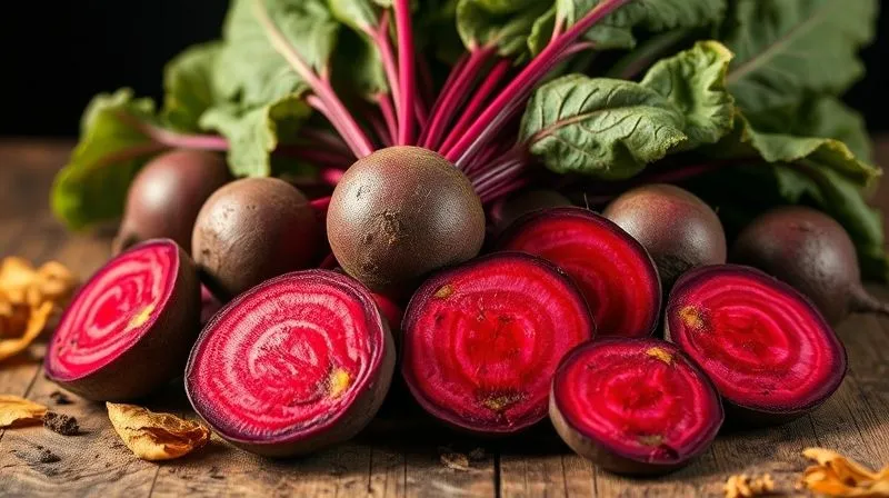 A vibrant, photorealistic image of freshly harvested organic beetroots, still slightly covered in rich, dark soil, arranged artfully on a rustic wooden table. Some beetroots are whole, others are cut in half revealing their deep crimson interior. Natural light, sharp focus on the texture of the beets, depth of field blurring the background, professional photography, 8K, cinematic lighting.