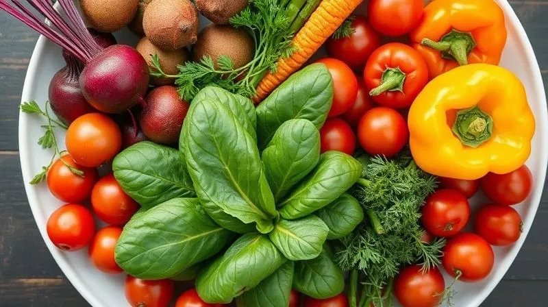 A vibrant, photorealistic overhead shot of an array of fresh, colorful vegetables artfully arranged on a large white platter. Include deep red beets, bright green spinach, crisp yellow bell peppers, cherry tomatoes, and fresh herbs like parsley and dill. Emphasize natural light, sharp focus, and a clean, healthy aesthetic. Professional photography, 8K, cinematic lighting, depth of field.
