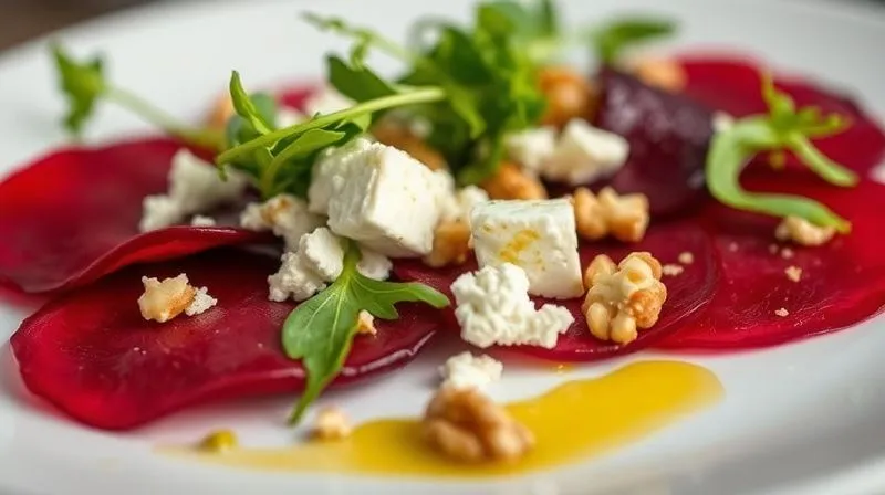A close-up, photorealistic image of the prepared beet carpaccio dish, as described, on a white ceramic plate. Focus on the thin, translucent beet slices, crumbled goat cheese, toasted walnuts, fresh arugula, and a delicate drizzle of lemon-olive oil dressing. The lighting should be soft and warm, highlighting the textures and vibrant colors. Professional food photography, 8K, cinematic lighting, sharp focus, depth of field, shot on a high-end DSLR.
