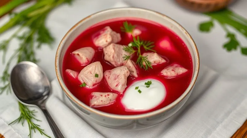 Photorealistic, professional photography, 8K, cinematic lighting, sharp focus, depth of field, shot on a high-end DSLR. A vibrant bowl of chilled Lithuanian cold beet soup with visible chunks of lean chicken breast and a dollop of skyr, garnished with fresh dill and chives, on a light linen tablecloth, evoking a sense of healthy and satisfying meal.