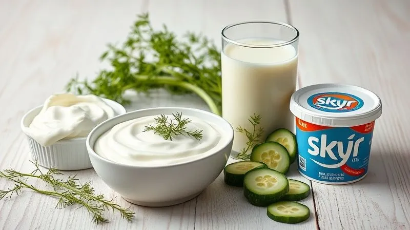 Photorealistic, professional photography, 8K, cinematic lighting, sharp focus, depth of field, shot on a high-end DSLR. An array of dairy alternatives for cold soup: a bowl of thick Greek yogurt, a glass of fresh buttermilk, and a container of skyr, all arranged on a light wooden background with fresh dill and cucumber slices, emphasizing healthy choices.
