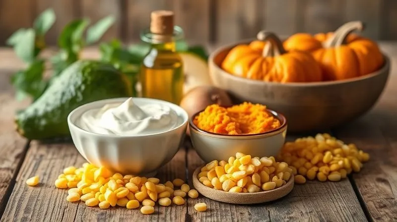 Photorealistic, professional photography, 8K, cinematic lighting, sharp focus, depth of field. A vibrant collection of healthy ingredients on a rustic wooden table: a bowl of creamy Greek yogurt, a small bottle of golden olive oil, a ripe avocado cut in half, a bowl of bright orange pumpkin puree, and a small pile of golden corn kernels. The ingredients are artfully arranged, suggesting abundance and healthy cooking options. Soft, warm light illuminates the scene, creating an inviting and wholesome atmosphere.