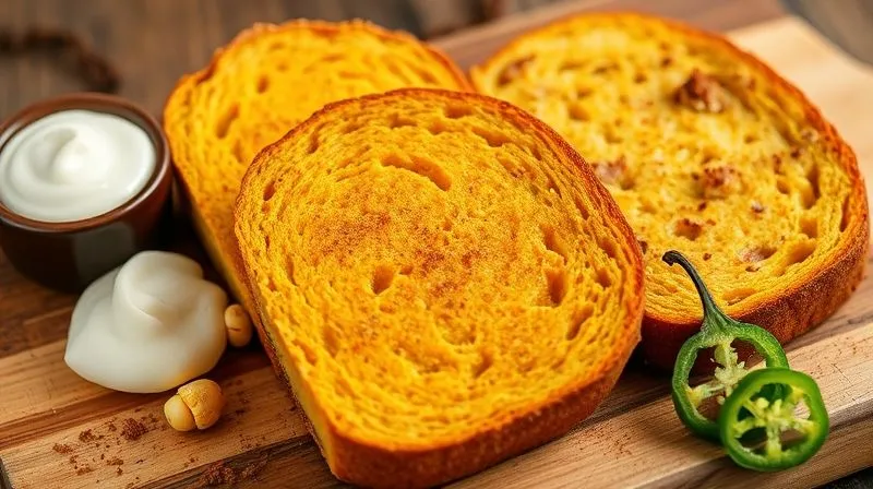 Photorealistic, professional photography, 8K, cinematic lighting, sharp focus, depth of field. A close-up of three distinct, beautifully baked slices of fit corn bread arranged on a rustic wooden board. One slice is golden and fluffy, next to a small bowl of Greek yogurt. Another is a rich orange from pumpkin puree, adorned with a sprinkle of cinnamon. The third is a savory, lightly spiced slice with visible corn kernels and a hint of green from jalapeno, alongside a tiny bowl of fresh salsa. Each slice looks perfectly moist and inviting, emphasizing variety and health. Soft, natural light highlights the textures.