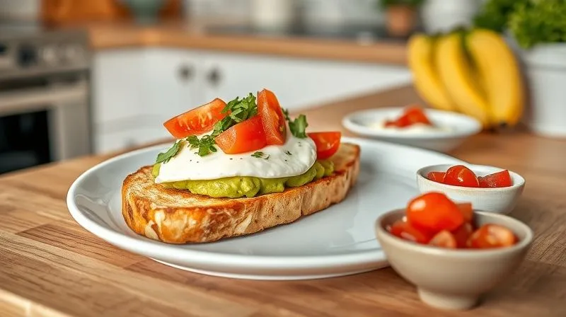 Photorealistic, professional photography, 8K, cinematic lighting, sharp focus, depth of field. A beautifully styled plate featuring a slice of fit corn bread, lightly toasted, topped with a vibrant avocado and egg smash, garnished with fresh cilantro and cherry tomatoes. Next to it, a small bowl of creamy Greek yogurt dip with cucumber, and a small ramekin of colorful tomato salsa. The background is a bright, airy kitchen setting, with a focus on fresh, healthy ingredients. The scene emphasizes delicious and nutritious ways to enjoy corn bread for weight loss.