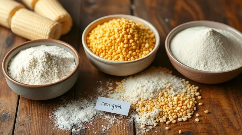 Photorealistic, professional photography, 8K, cinematic lighting, sharp focus, depth of field, shot on a high-end DSLR. A close-up shot of various types of corn flour: finely milled, coarse whole grain, and masa harina, displayed in elegant ceramic bowls on a rustic wooden table. The distinct textures and colors are highlighted, emphasizing the difference in processing. A small, handwritten label next to each bowl indicates its type. The scene is well-lit, clean, and educational, conveying the importance of ingredient choice.