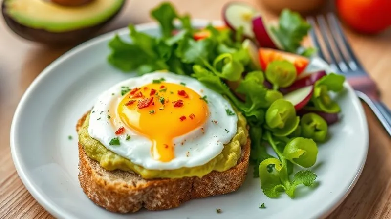 Photorealistic, professional photography, 8K, cinematic lighting, sharp focus, depth of field, shot on a high-end DSLR. A perfectly composed breakfast plate featuring a slice of low-IG corn bread, topped with mashed avocado, a poached egg, and a sprinkle of chili flakes and fresh herbs. A side of colorful mixed greens is also visible. The scene is bright, fresh, and appetizing, emphasizing healthy and balanced eating for weight management.