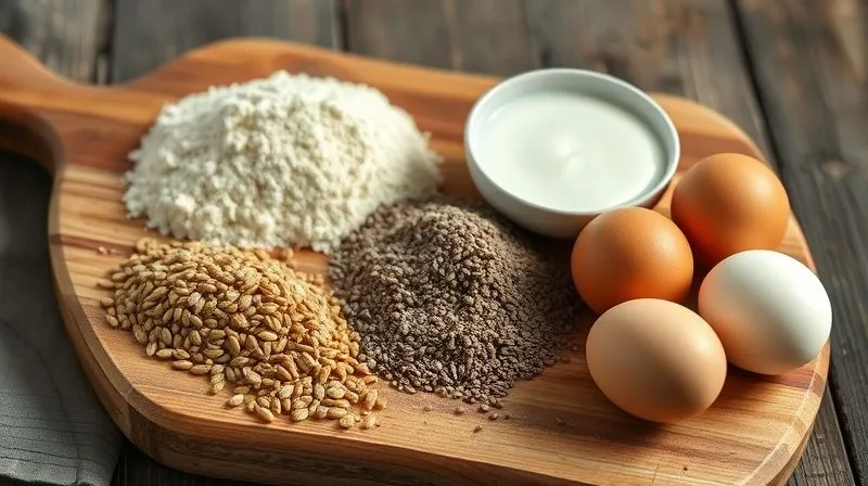 Photorealistic, professional photography, 8K, cinematic lighting, sharp focus, depth of field, shot on a high-end DSLR. A beautifully presented, rustic cutting board with various ingredients for low-IG corn bread: whole grain corn flour, flax seeds, chia seeds, psyllium husk, a bowl of kefir, and fresh eggs. The ingredients are artfully arranged, suggesting preparation and healthy cooking. The lighting is soft and inviting, creating an atmosphere of culinary exploration and wellness.