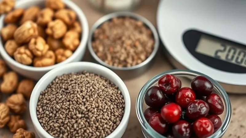 A photorealistic close-up of various healthy baking ingredients: a small bowl of walnuts, a small bowl of chia seeds, and a small bowl of dried cranberries, next to a digital kitchen scale showing 20g. Cinematic lighting, sharp focus on the ingredients, depth of field blurring the background, 8K hyper-detailed, shot on a high-end DSLR.