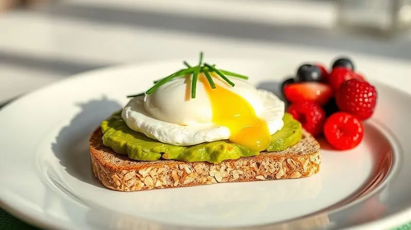 A photorealistic, professional photography shot of a healthy breakfast plate. On a thin slice of oat bread, there's a delicate layer of avocado, topped with a perfectly poached egg and a sprinkle of fresh chives. Next to it, a small bowl of mixed berries. The setting is bright and inviting, with cinematic lighting, sharp focus on the food, depth of field blurring the background, 8K hyper-detailed, shot on a high-end DSLR.