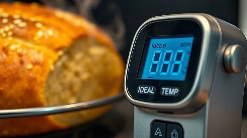 A photorealistic close-up of a digital kitchen thermometer accurately measuring the internal temperature of a golden-brown rice bread loaf, steam gently escaping, sharp focus on the thermometer display showing ideal temperature, depth of field blurring the background, cinematic lighting, 8K hyper-detailed.