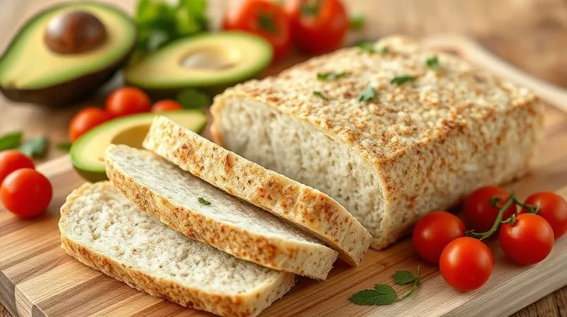 A photorealistic, professional photography, 8K, cinematic lighting, sharp focus, depth of field, shot on a high-end DSLR, a perfectly sliced, light and airy rice bread loaf on a cutting board, with various healthy toppings (avocado, cherry tomatoes, fresh herbs) arranged around it, emphasizing its fitness aspect and delicious texture. Bright and inviting.
