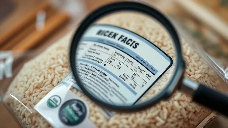 A photorealistic image of a magnifying glass hovering over a complex food label on a package of rice bread, with tiny, almost hidden ingredients highlighted, cinematic lighting, sharp focus on the label, depth of field blurring the background, 8K hyper-detailed, professional photography.
