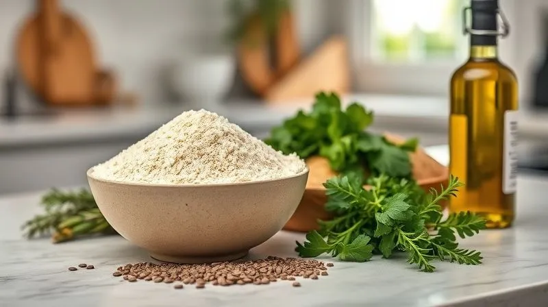 A photorealistic image of a kitchen counter with various healthy ingredients for bread making: a bowl of whole grain rice flour, chia seeds, flax seeds, fresh herbs, and a bottle of olive oil, all arranged aesthetically with natural light, sharp focus, depth of field, 8K hyper-detailed, professional photography.