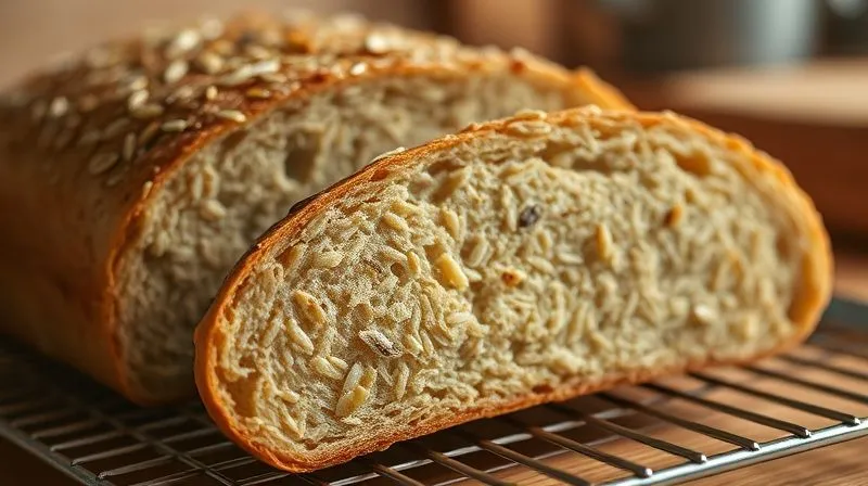 A photorealistic close-up of a freshly baked, golden-brown whole grain rice bread loaf, sliced to reveal a soft, airy texture with visible seeds and subtle hints of grated vegetables, steaming gently on a cooling rack in a warm, inviting kitchen. Cinematic lighting, sharp focus, depth of field, 8K hyper-detailed, professional photography.