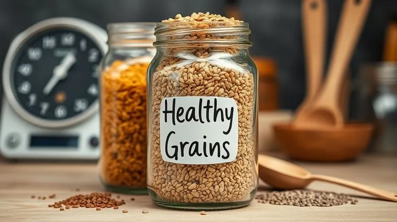 Photorealistic image of a transparent glass jar filled with various whole grains and seeds (pumpkin, sunflower, flax, chia), labeled 'Healthy Grains' with a blurred background of a kitchen scale and measuring spoons, emphasizing precision and healthy choices. Cinematic lighting, sharp focus, 8K, depth of field, shot on a high-end DSLR.