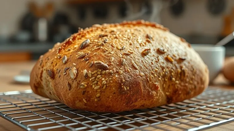 Photorealistic close-up of a perfectly baked, rustic loaf of homemade seed bread cooling on a wire rack, steam gently rising, with a blurred background of a cozy kitchen. The focus is on the intricate texture and rich golden-brown crust. Cinematic lighting, sharp focus, 8K, depth of field, shot on a high-end DSLR.