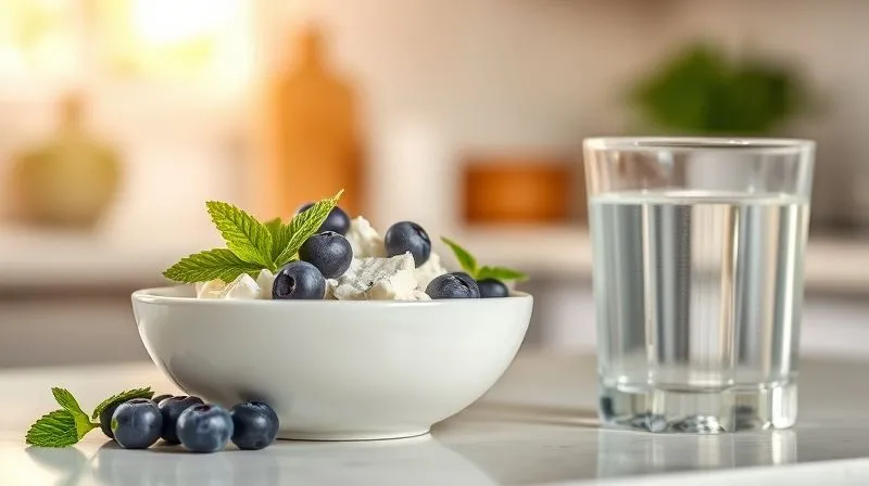 A photorealistic, professional photography, 8K image of a beautifully arranged bowl of lean cottage cheese with a side of fresh blueberries and a sprig of mint, next to a small, clear glass of water. The background features a blurred, sunlit kitchen counter with a nutritional label subtly visible, emphasizing health and transparency. Cinematic lighting, sharp focus on the bowl, depth of field blurring the background. Shot on a high-end DSLR, conveying freshness and nutritional value.