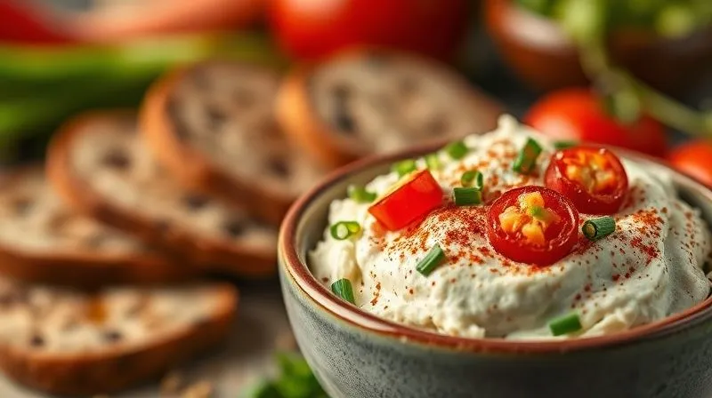 A photorealistic, professional photography, 8K image of a vibrant, healthy savory spread made with lean cottage cheese, topped with finely chopped chives, red bell pepper, and a sprinkle of paprika, served in a small ceramic bowl. In the background, blurred, are slices of whole-grain bread and fresh vegetables. Cinematic lighting, sharp focus on the spread, depth of field blurring the background. Shot on a high-end DSLR, conveying freshness and deliciousness.