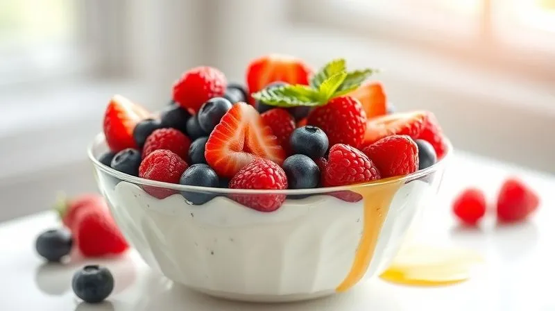 A photorealistic, professional photography, 8K image of a delightful sweet lean cottage cheese bowl, generously topped with an assortment of fresh, vibrant berries (strawberries, blueberries, raspberries) and a light drizzle of golden honey. A sprig of fresh mint adds a pop of green. The bowl is placed on a clean white surface with a blurred background of morning light filtering through a window. Cinematic lighting, sharp focus on the colorful toppings, depth of field blurring the background. Shot on a high-end DSLR, conveying freshness, natural sweetness, and indulgence without guilt.
