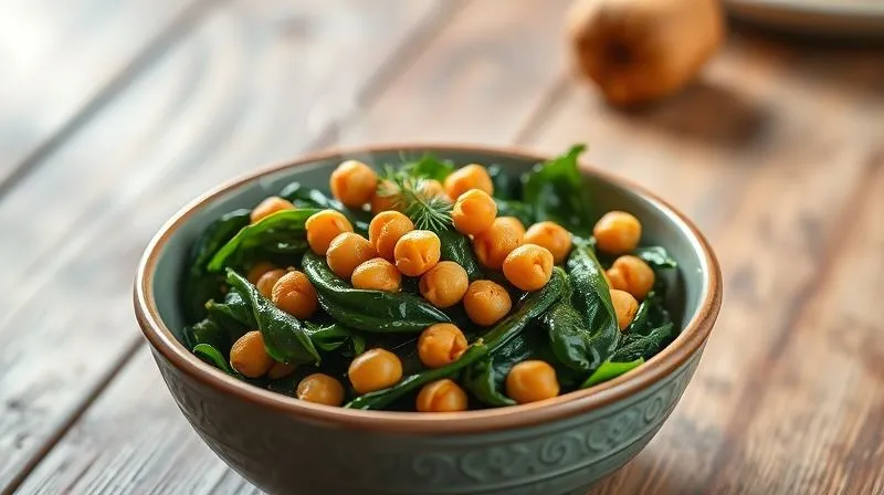 photorealistic, professional photography, 8K, cinematic lighting, sharp focus, depth of field, shot on a high-end DSLR, a vibrant bowl of sautéed spinach with golden-brown, crispy roasted chickpeas sprinkled on top, steam gently rising, with a few fresh herbs like dill or parsley as garnish. The background is a rustic wooden table, softly blurred, suggesting a healthy, homemade meal. The image should convey warmth, flavour, and satisfying texture.