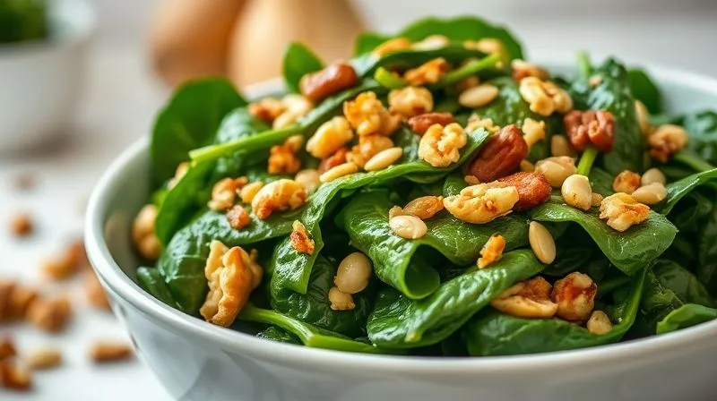 photorealistic, professional photography, 8K, cinematic lighting, sharp focus, depth of field, shot on a high-end DSLR, a close-up of a vibrant bowl of sautéed spinach, generously sprinkled with various toasted nuts and seeds like pumpkin seeds, sunflower seeds, and chopped walnuts, creating a pleasing texture contrast. The background is a bright, airy kitchen setting, softly blurred, emphasizing fresh ingredients and healthy cooking. The image should evoke a sense of wholesome nutrition and satisfying crunch.