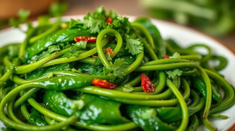 photorealistic, professional photography, 8K, cinematic lighting, sharp focus, depth of field, shot on a high-end DSLR, a close-up of a beautifully arranged plate of sautéed spinach, vibrant green, garnished with a generous sprinkle of fresh, bright green herbs like chopped parsley and cilantro. A few small, red chili flakes are visible, suggesting a hint of spice. The focus is on the freshness and aromatic quality of the herbs, with a soft, blurred background of a rustic kitchen setting.
