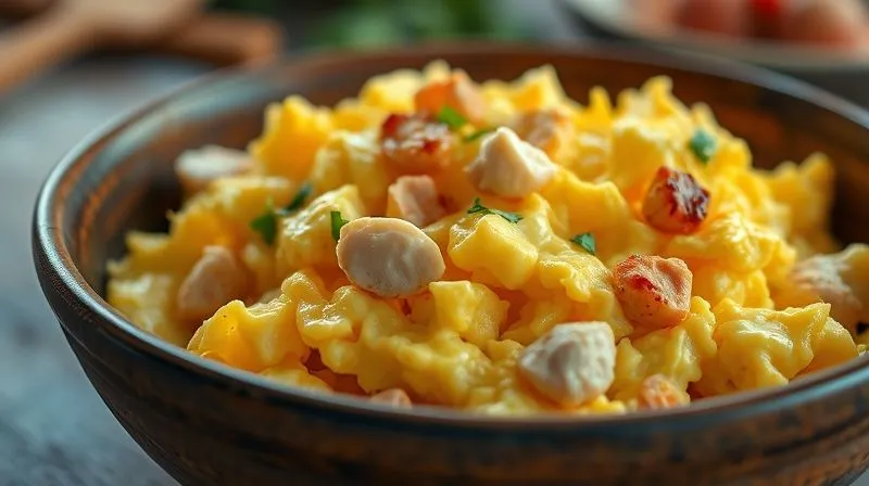 Photorealistic close-up of a fluffy scrambled egg dish in a rustic bowl, with visible lean chicken pieces and extra egg whites, cinematic lighting, sharp focus on the texture, depth of field blurring a healthy kitchen, 8K, professional photography.