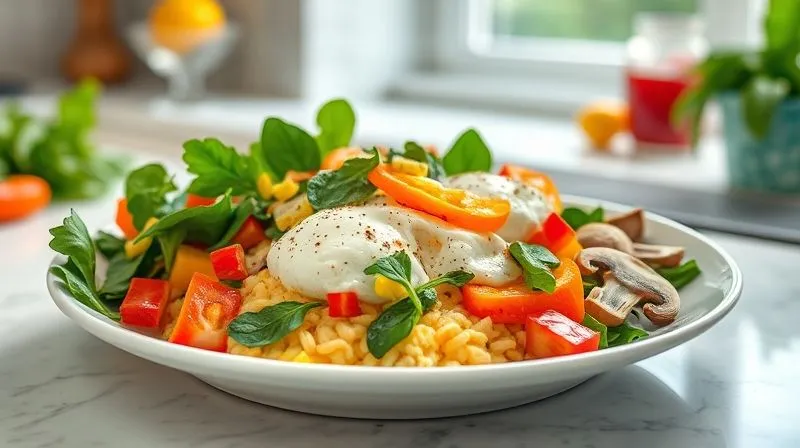 Photorealistic image of a vibrant plate of scrambled eggs overflowing with colorful, chopped vegetables like spinach, bell peppers, and mushrooms, set on a bright kitchen counter with natural light. Sharp focus on the fresh ingredients, 8K, professional photography, promoting healthy eating.
