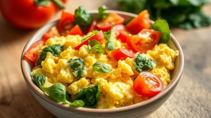 A vibrant, colorful bowl of scrambled eggs packed with finely chopped, fresh vegetables like red bell pepper, green spinach, and cherry tomatoes, professionally styled with natural light, sharp focus on the textures, 8K, shot on a high-end DSLR, conveying health and freshness.