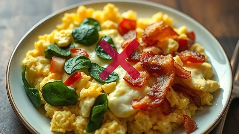 Photorealistic image of a plate of scrambled eggs with a clear division: one side with healthy additions (spinach, peppers, avocado), the other side with unhealthy ones (bacon, heavy cheese). A subtle red 'X' over the unhealthy side, cinematic lighting, sharp focus, 8K, professional photography, illustrating choices.