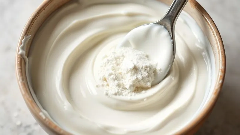 A close-up, photorealistic image of a creamy bowl of Greek yogurt, with a scoop of white protein powder being gently mixed in, showing a smooth texture. Cinematic lighting, sharp focus on the mixing action, 8K hyper-detailed.