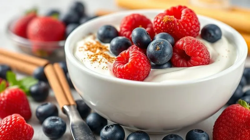 Photorealistic, professional photography, 8K, cinematic lighting, sharp focus, depth of field. A vibrant bowl of natural yogurt topped with a colorful medley of fresh raspberries, blueberries, and a sprinkle of cinnamon, with a vanilla pod delicately placed beside it. The scene is bright and inviting, emphasizing natural sweetness and health.