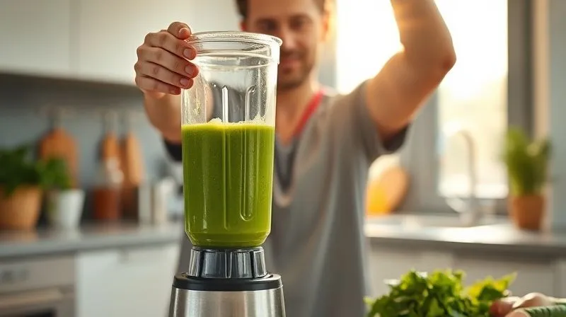 A professional, photorealistic image of a person energetically blending a vibrant green smoothie in a modern kitchen, with sunlight streaming through the window, emphasizing health and vitality. Sharp focus on the blender and ingredients, depth of field blurring the background. 8K hyper-detailed, shot on a high-end DSLR, cinematic lighting.