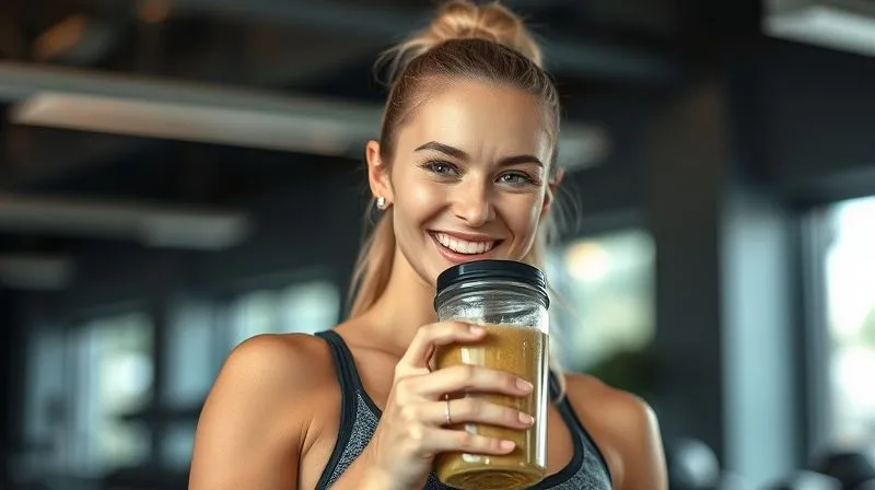A photorealistic image of a woman smiling confidently while holding a protein shaker bottle filled with a smoothie, after a workout in a modern gym. The background is slightly blurred, focusing on her energetic expression and healthy glow. Cinematic lighting, sharp focus, depth of field, 8K hyper-detailed, shot on a high-end DSLR.