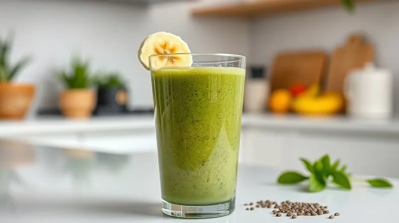 A close-up, photorealistic image of a perfectly blended, smooth green smoothie in a clear glass, garnished with a banana slice and chia seeds on top. The background is a clean, minimalist kitchen counter, emphasizing the freshness and simplicity. Cinematic lighting, sharp focus, depth of field, 8K hyper-detailed, shot on a high-end DSLR.
