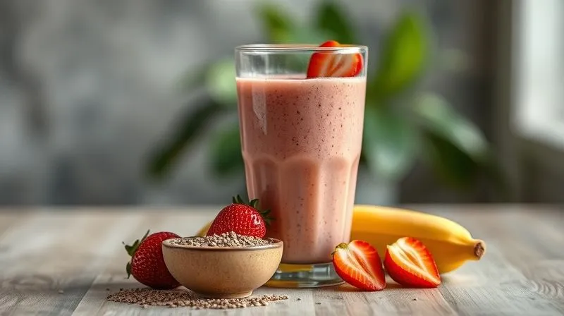 Photorealistic image of a vibrant banana-strawberry smoothie in a glass, with a small bowl of chia seeds and a small bowl of ground flax seeds artfully placed beside it. The background is blurred, and the lighting is cinematic, highlighting the texture and freshness of the ingredients. Professional photography, 8K, sharp focus, depth of field, shot on a high-end DSLR.