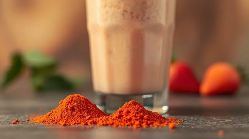 A close-up, photorealistic image of a small, vibrant red pile of cayenne pepper powder next to a perfectly blended banana-strawberry smoothie in a modern glass, set against a softly blurred, warm-toned background. Cinematic lighting highlights the spice's texture and the smoothie's freshness. Professional photography, 8K, sharp focus, depth of field, shot on a high-end DSLR.