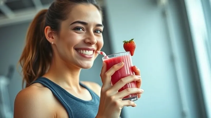 A photorealistic image of a fit person, mid-twenties, smiling and hydrated, holding a vibrant banana-strawberry smoothie in a modern glass after a successful workout in a bright, minimalist gym setting. Cinematic lighting emphasizes their healthy glow and the freshness of the drink. Professional photography, 8K, sharp focus, depth of field, shot on a high-end DSLR.