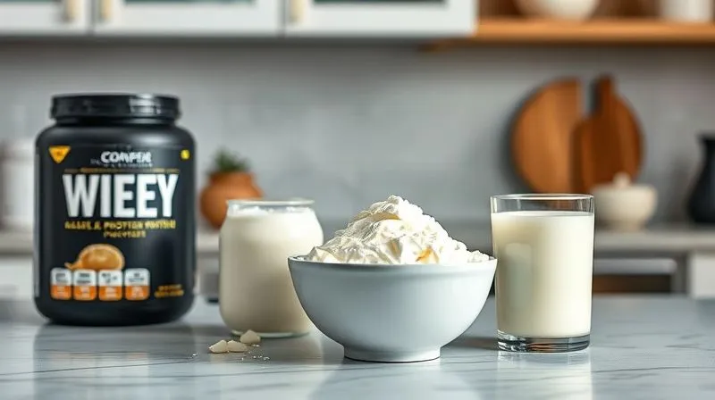 A photorealistic image of various protein powders (whey, pea, rice) in elegant containers, alongside a bowl of Greek yogurt and a glass of kefir, all arranged on a clean kitchen counter with soft, diffused lighting, emphasizing healthy choices and nutritional balance. Professional photography, 8K, cinematic lighting, sharp focus, depth of field, shot on a high-end DSLR.