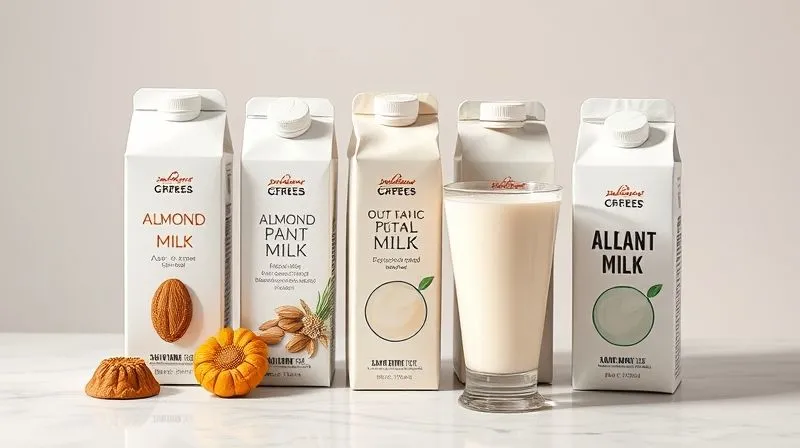 A professional studio shot of various unsweetened plant milks (almond, oat, soy) in elegant, minimalist packaging, alongside a glass of fresh kefir, arranged on a light, clean surface. The focus is on healthy beverage choices, with soft, natural lighting. Photorealistic, 8K, cinematic lighting, sharp focus, depth of field, shot on a high-end DSLR.