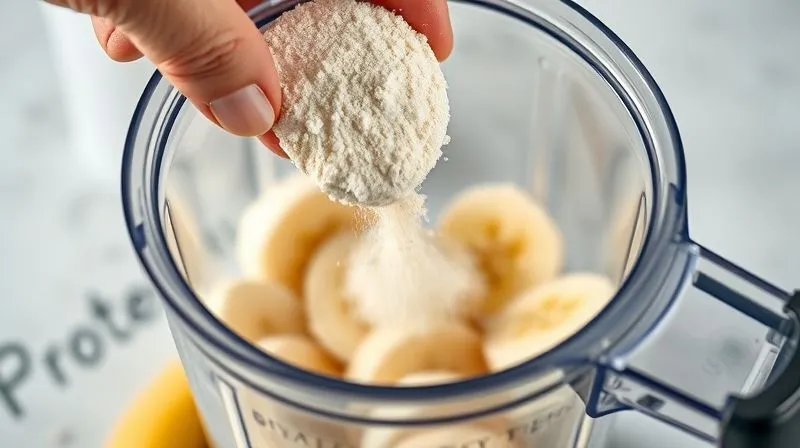 A photorealistic close-up of a hand adding a scoop of vanilla protein powder into a high-speed blender filled with frozen banana slices. The powder is gently falling, creating a slight cloud. The scene is bright and clean, with a focus on the action and ingredients. Professional photography, 8K, cinematic lighting, sharp focus, depth of field, shot on a high-end DSLR.