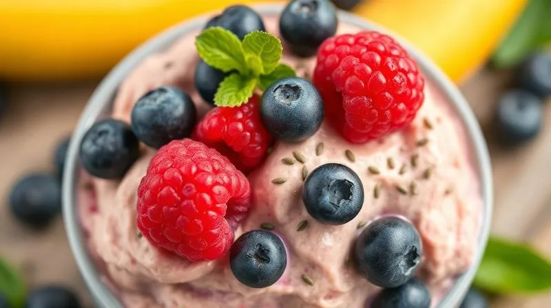 A vibrant and appealing bowl of banana ice cream topped with a generous mix of fresh raspberries, blueberries, a sprinkle of chia seeds, and a subtle hint of green from finely chopped spinach blended within. The colors are rich and natural, suggesting health and freshness. Professional photography, 8K, cinematic lighting, sharp focus, depth of field, shot on a high-end DSLR.