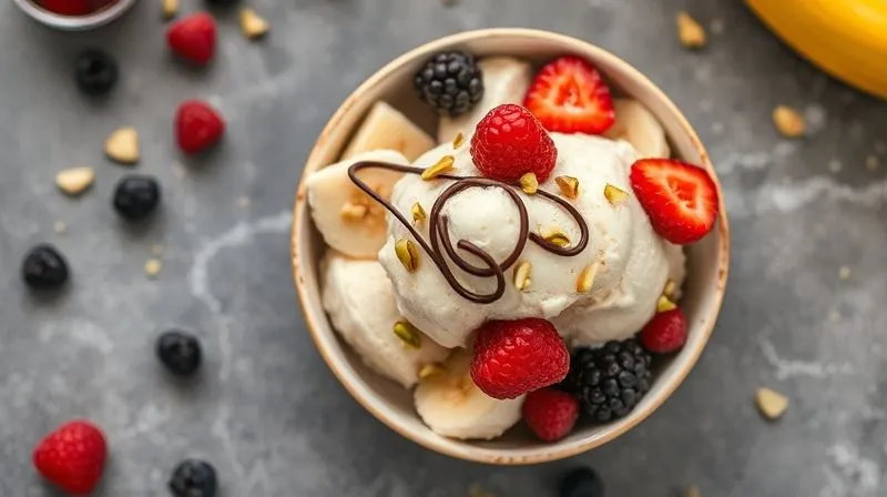 A beautifully styled, photorealistic overhead shot of a perfectly portioned bowl of creamy banana protein ice cream, garnished with fresh berries, a sprinkle of chopped pistachios, and a delicate swirl of melted dark chocolate. The presentation is elegant and inviting, emphasizing healthy indulgence. Professional photography, 8K, cinematic lighting, sharp focus, depth of field, shot on a high-end DSLR.