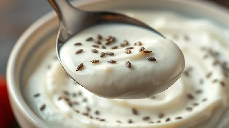 Photorealistic close-up of a spoon lifting a rich, creamy Greek yogurt with a sprinkle of chia seeds, sharp focus, depth of field, 8K, cinematic lighting.